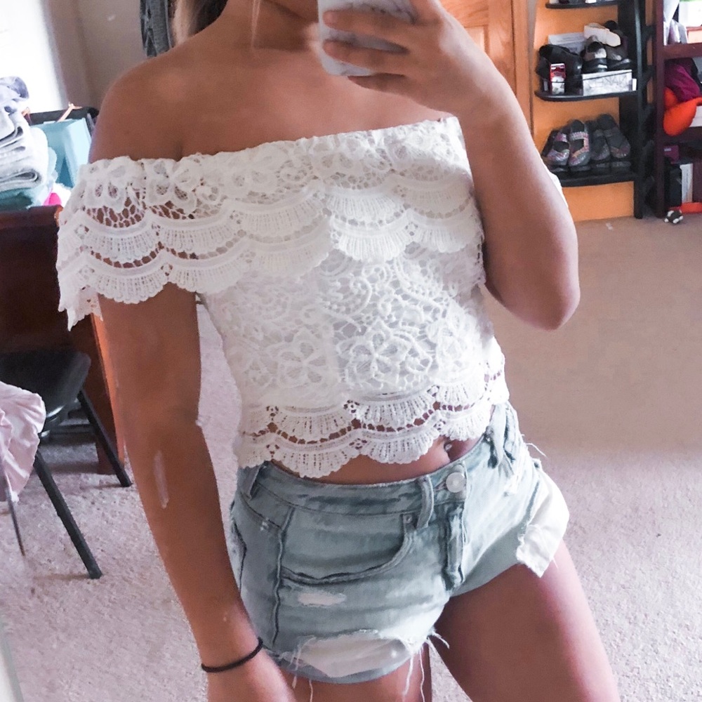 White crochet across the shoulder top